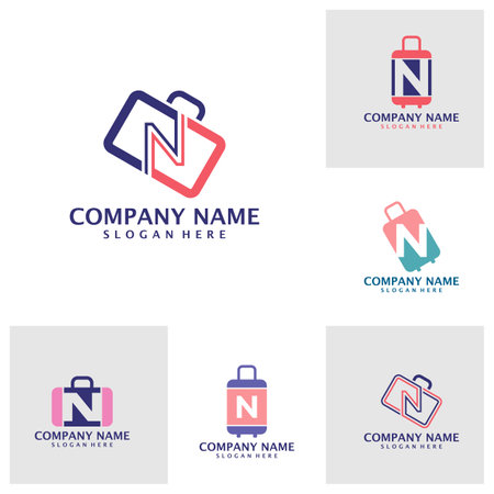 Set of Letter N with Suitcase logo design vector. Initial N with Suitcase logo design template conceptのイラスト素材