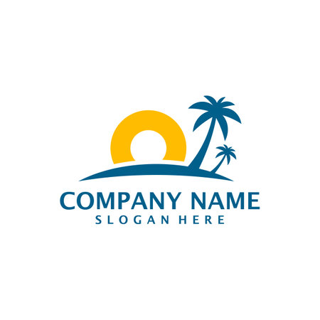 Summer Travel logo design vector. Coconut tree with Beach and Sun logo design template conceptのイラスト素材