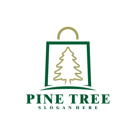 Pine Tree with Shop logo design vector. Creative Pine logo concepts templateのイラスト素材