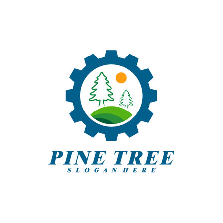 Pine Tree with Gear logo design vector. Creative Pine Tree logo concepts templateのイラスト素材