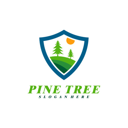Pine Tree with Shield logo design vector. Creative Pine Tree logo concepts templateのイラスト素材