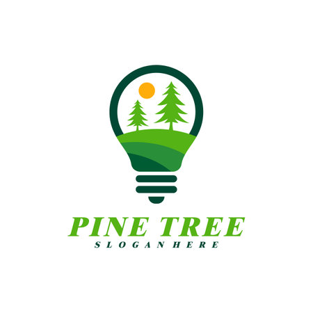 Pine Tree with Bulb logo design vector. Creative Pine Tree logo concepts templateのイラスト素材