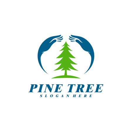 Pine Tree with Care logo design vector. Creative Pine Tree logo concepts templateのイラスト素材