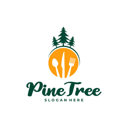 Pine Tree with Food logo design vector. Creative Pine Tree logo concepts templateのイラスト素材