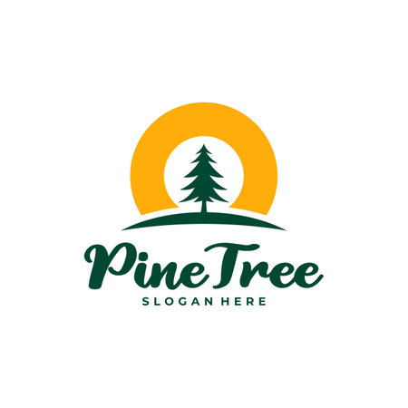 Pine Tree with Sun logo design vector. Creative Pine Tree logo concepts templateのイラスト素材