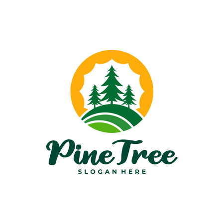 Pine Tree with Sun logo design vector. Creative Pine Tree logo concepts templateのイラスト素材