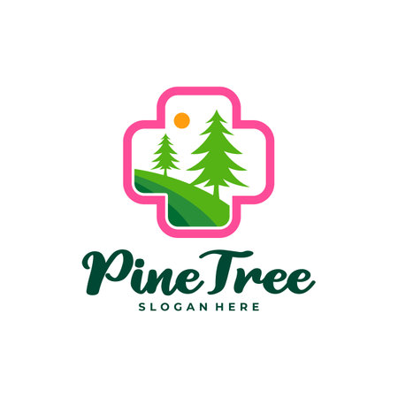 Pine Tree with Health Plus logo design vector. Creative Pine Tree logo concepts templateのイラスト素材