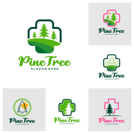 Set of Pine Tree with Health Plus logo design vector. Creative Pine Tree logo concepts templateのイラスト素材