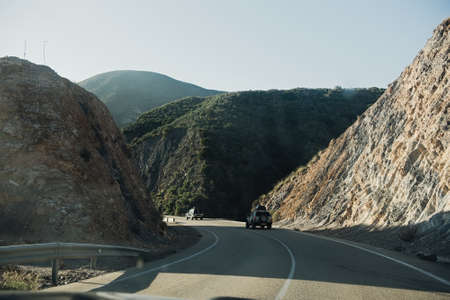Morocco , Africa, January 16, 2020: Off road jeep is driving along the road towards Africa