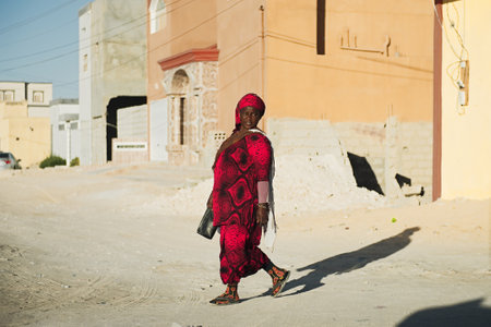 Nouadhibou, Mauritania, JANUARY 18, 2020: Portrait of a tribal African woman decorated with traditional colorful beads.のeditorial素材