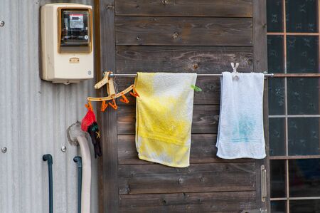 Towel which had been dried in fishing village of Awaji Islandの写真素材