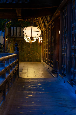 Large lighting of the temple and reflection on the cobblestoneのeditorial素材