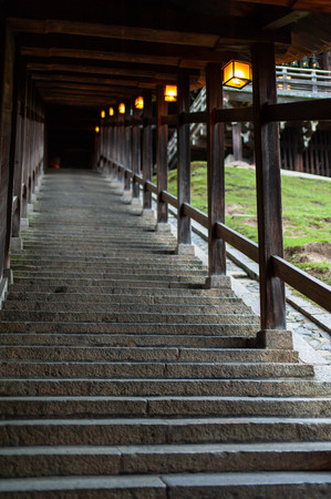 A long stone staircase in the early morning Nara templeのeditorial素材