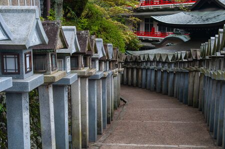 A passage lined with many stone lanternsの写真素材