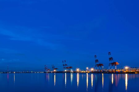 Cranes lined up on the coast with blue sky at dawnの写真素材