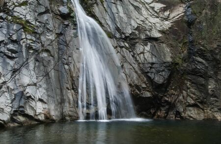 A small waterfall that flows into a waterfall basinの写真素材