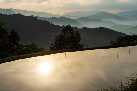The morning sun reflected in the still water