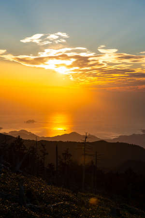 The morning sun and the shining sea as seen from the mountainsの写真素材