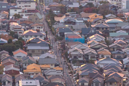 A residential area lit by the sunset