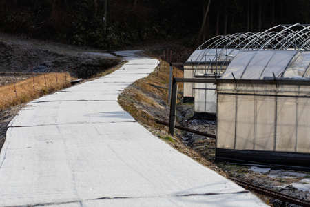 Curving farm roads with snow on the ground.の写真素材