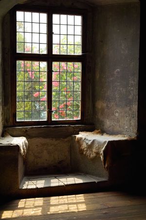 old catle window with the look to the gardenの写真素材