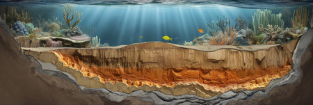 Underwater landscape with coral reef and fish. Cross sectionの素材
