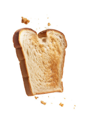 Slice of toasted bread falling into the air isolated on white backgroundの素材