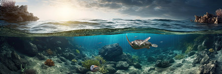 Underwater world and view over water.の素材