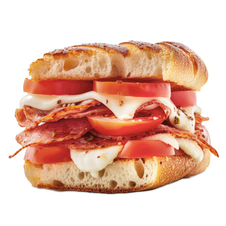 Foccaia sandwich filled with salami, tomato and mozzarella, isolated. Generative AIの素材