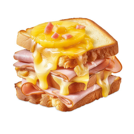 Toast Hawaii with melted cheese, cooked ham and a slice of pineapple, isolated. Generative AIの素材