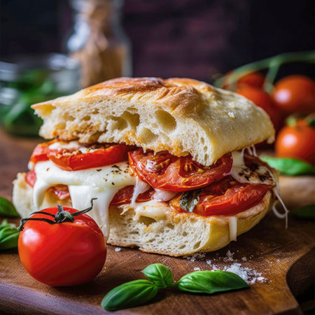 Freshly baked Foccaia bread filled with tomato and mozzarella. Generative AIの素材