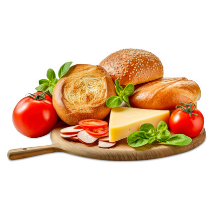 Wooden board with rolls, cheese, tomatoes and basil, isolated. Generative AIの素材