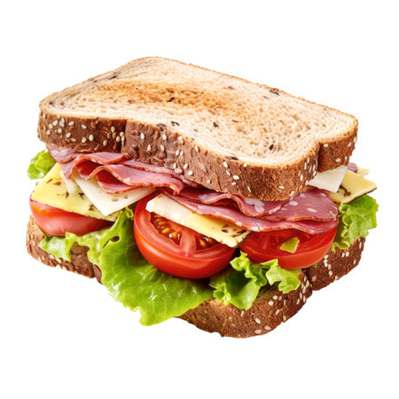 Sandwich with sausage, cheese, tomato and lettuce, isolated. Generative AIの素材