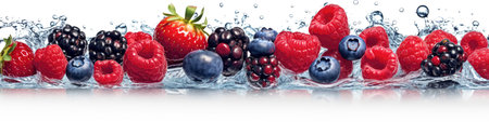 Blueberries and strawberries surrounded by splashes of water and flying drops of water in panoramic formatの素材