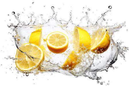 Halved lemons in water with water splash against a white background. Generative AIの素材