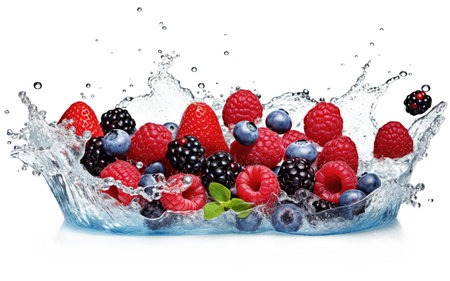 Strawberries, raspberries, blueberries and blackberries wrapped in a splash of water isolated against a white background. Generative AIの素材