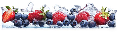 Strawberries, raspberries and blueberries frozen in ice isolated against a white background in panorama format. Generative AIの素材