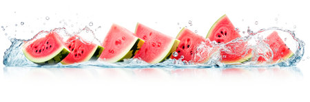 Sliced watermelon in water splash against white background in panoramic format. Generative AIの素材