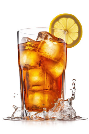 Iced tea in a glass with ice cubes and a slice of lemon isolated as a freeze frame against a white background.の素材