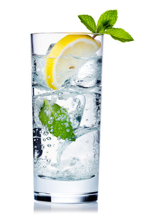 Mineral water in a glass with ice cubes and a slice of lemon isolated as a freeze frame against a white background.の素材