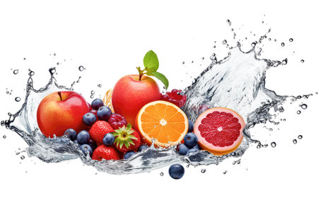 Water splash with fresh apples, oranges, strawberries, blueberries and raspberries isolated against a white background.の素材