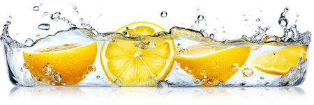 Halved lemons in water with water splash isolated against white background in panorama formatの素材