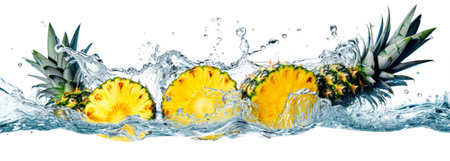 Several halved pineapples surrounded by a water splash on a white background in panoramic format. Generative AIの素材
