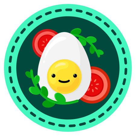 Vector color round icon with breakfast. Egg with tomatoes and herbs. Image from several parts. funny face. Cartoon style for kids. Bright colors.のイラスト素材