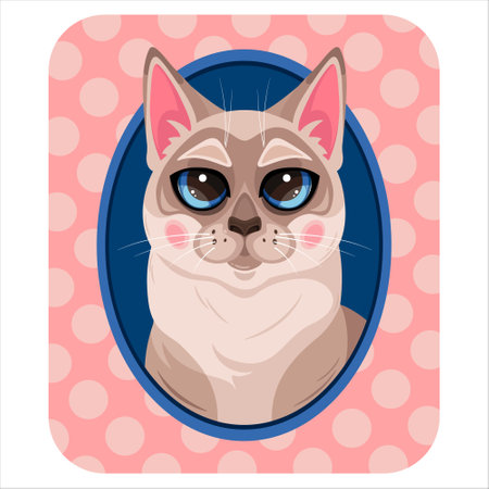 The beige cat with blue eyes in a blue oval frame. vector illustration. Bright, beautiful design with a cute cat face. Can be used like a print for a T-shirt postcards, notebooks.のイラスト素材