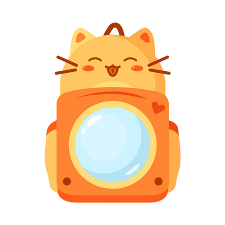 Vector illustration of a special backpack for transporting cats. The window for the cat. Bright, beautiful design with a funny cat face. Color scheme: yellow, orange. cat backpackのイラスト素材