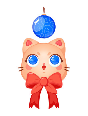 Christmas blue openwork ball and cute cat. vector colorful illustration. xmas decorations.のイラスト素材