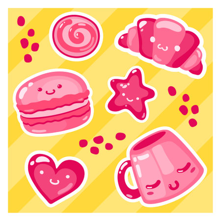 Stickers - cute vector images: cup, croissant, hearts, stars, macaron. Elements - pink colors. White wide outline. Background - yellow with stripes. square format. sticker packのイラスト素材
