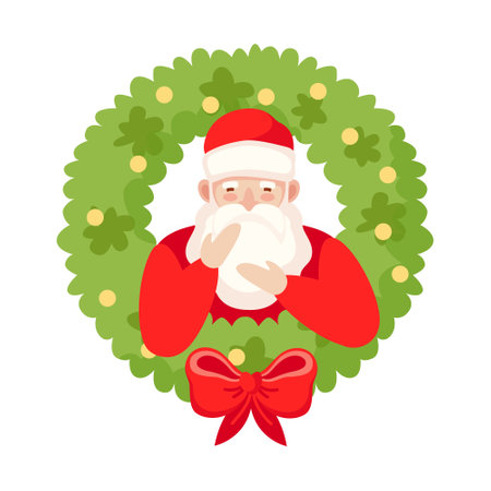 Vector Santa Claus greets you looking out of the evergreen Christmas wreath with bowknotのイラスト素材