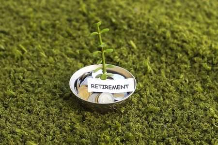 plant growing out of algeria coins in silver bowl ,money saving for retirementの写真素材